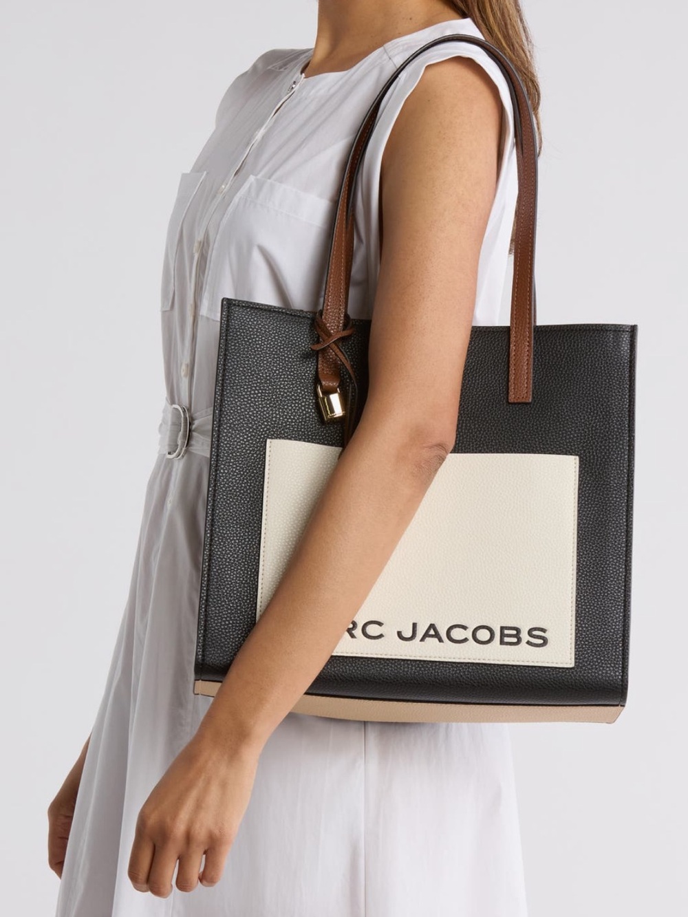 Marc Jacobs Black, Brown & Cream Colorblock Grind Leather Tote - Picture 2 of 10
